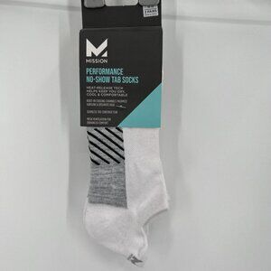 Mission White Performance No-Show Tab Socks sz L Mens 8-12/Womens 10-13 2 Pairs